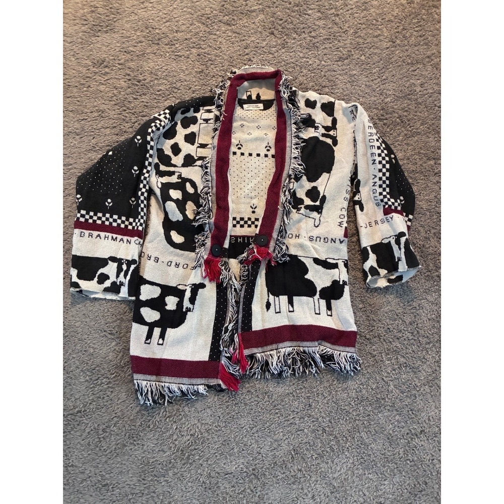 Crown Crafts Vintage Cotton Tapestry Cow Print Fringe Blanket Coat Cardigan OS